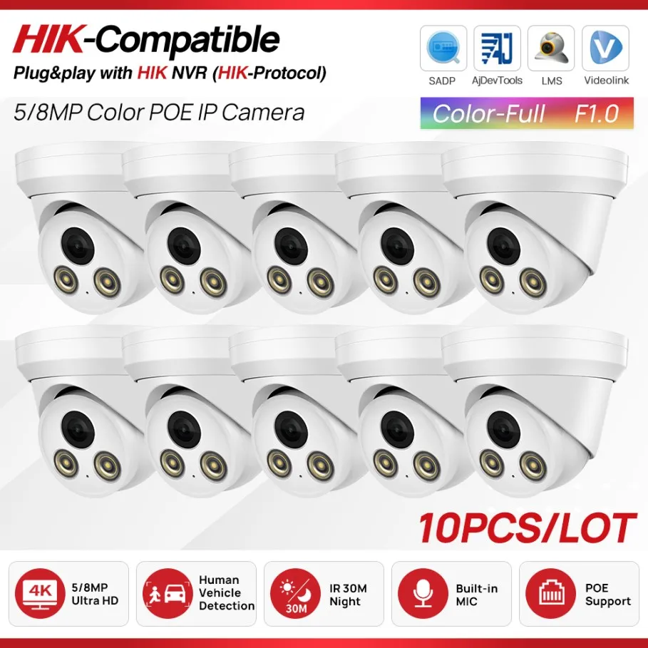 

10PCS Hikvision Compatible 5MP 8MP Colorvu IP Camera Build in MIC Human Vehicle Detection H.265 CCTV Surveillance Network Camera