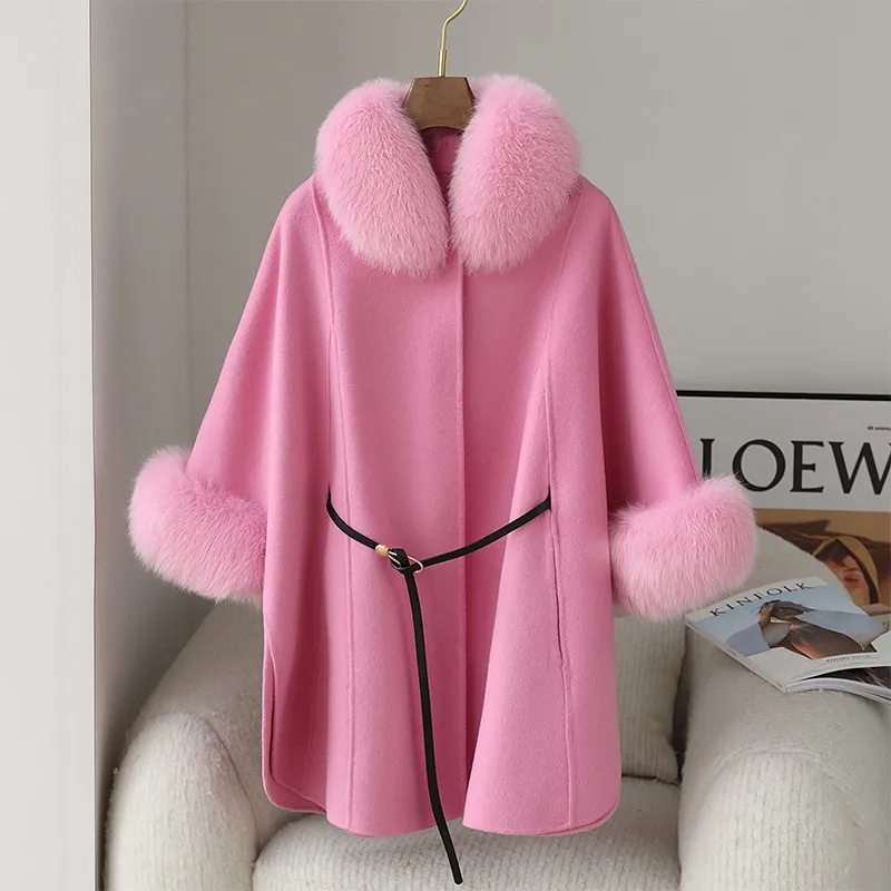 Court style 2025 new wool double-sided woolen coat cashmere woolen fox fur collar medium and long loose cape