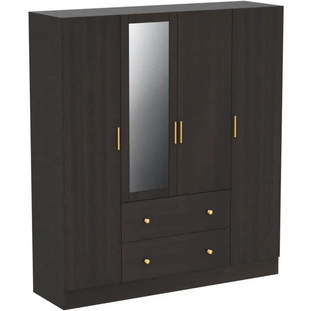 

4-door wardrobe with mirrors, 63 inch wide large independent wardrobe with 2 drawers, shelves, and 2 hanging bars