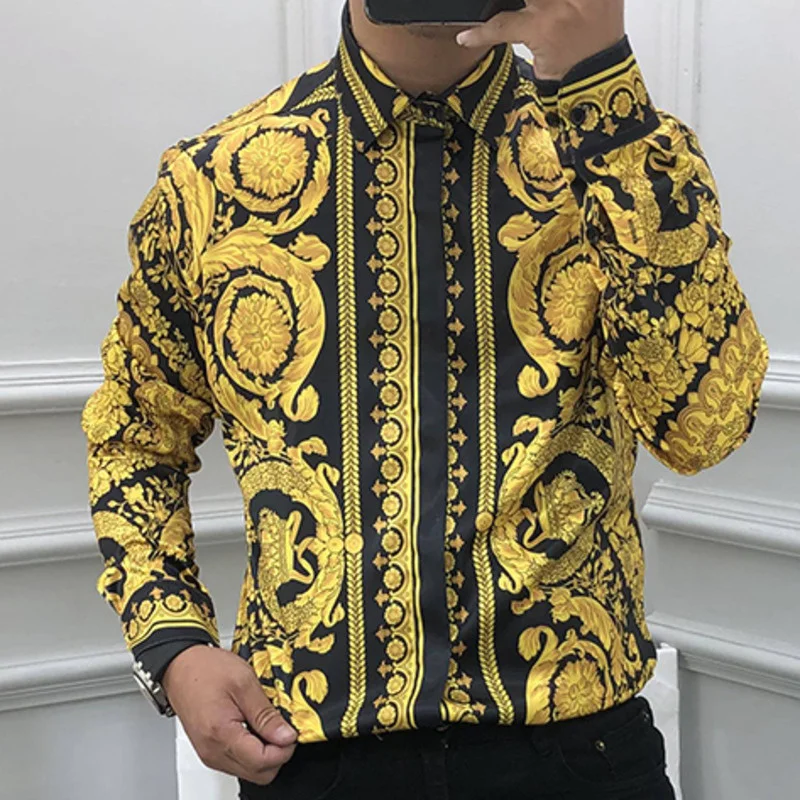 Luxury Full Gold Flower Shirt Men Casual Shirt Camisa Masculina Slim Shirt Triangle Print Shirt Dress Men Black Gold Plaid Shirt