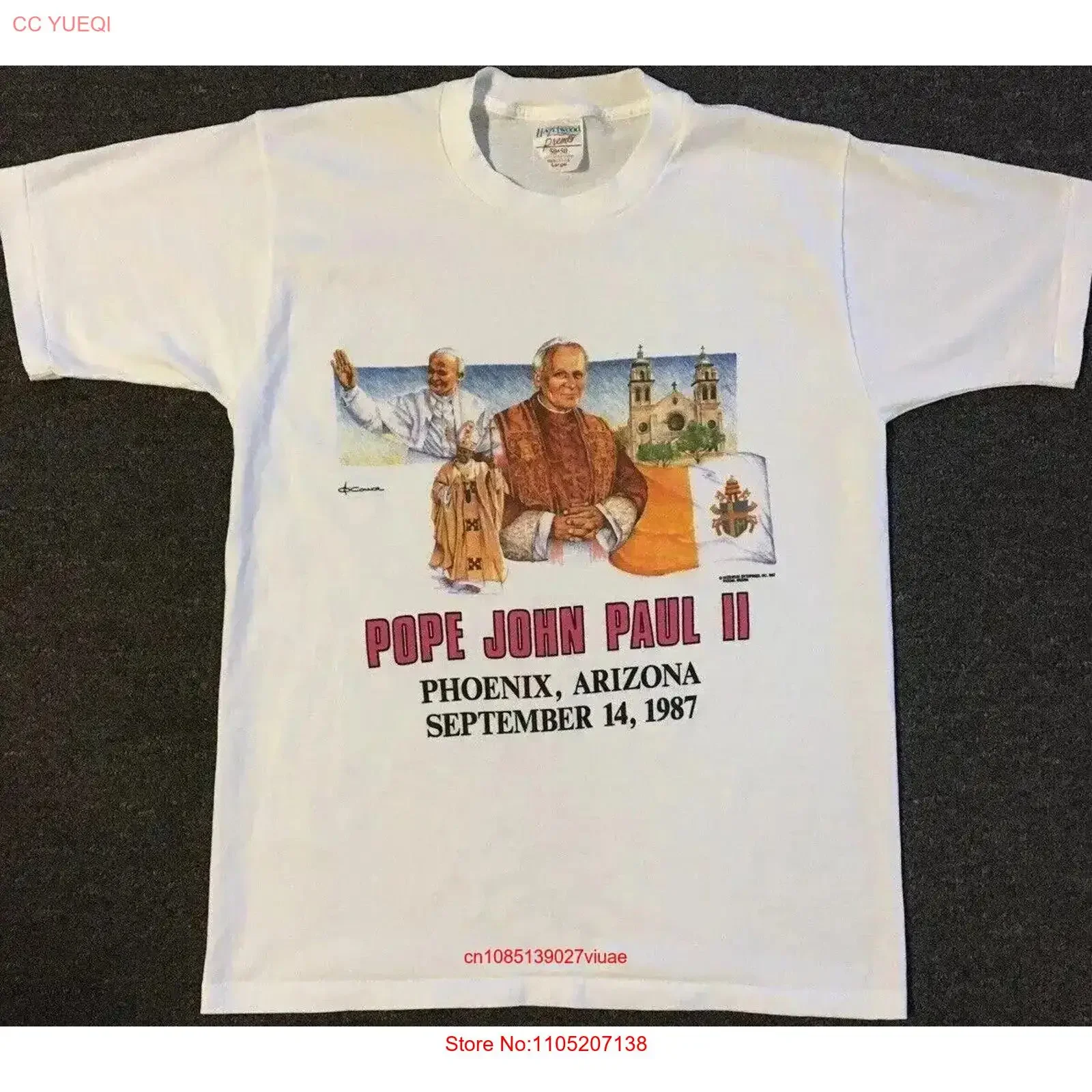 Vtg 80s البابا جون بول II فينيكس AZ جولة تي شيرت م الله الكاثوليكية لورد الجرونج 70s خمر غسلها لينة أوم مريحة #1