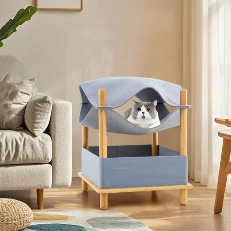 

2-Tier Wooden Cat House with Semi-enclosed Condo and Removable Clothes-Gray