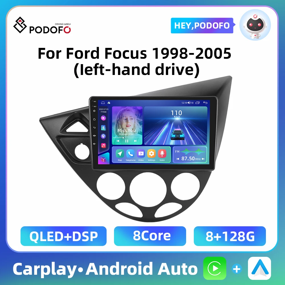 Podofo 9'' 2Din Car Stereo For Ford Focus 1998-2005 Multimedia Player Carplay Android Auto GPS Navigation DSP WIFI Car Stereo