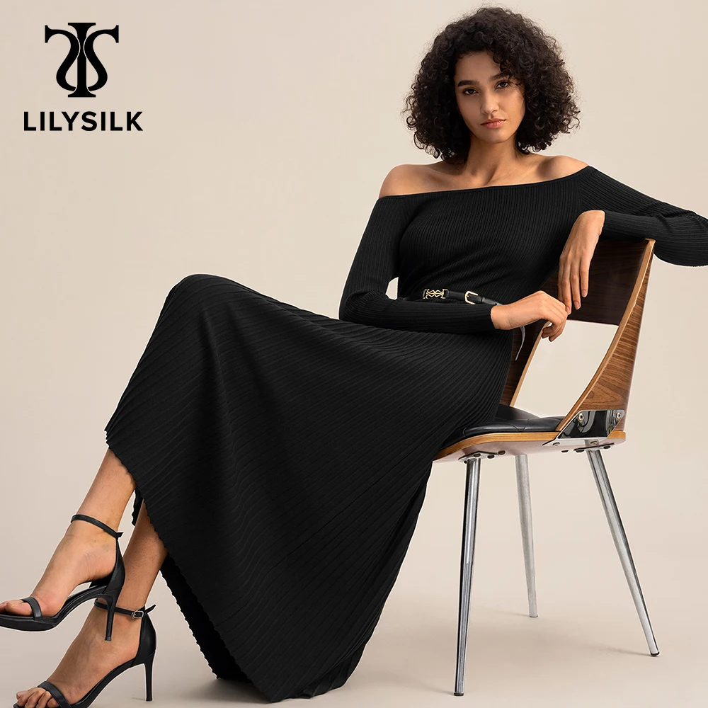 LILYSILK Silk Knitted Dress for Women 2023 Spring New Off Shoulder Elegant Long Sleeve MIdi Evening Clothing Free Shipping