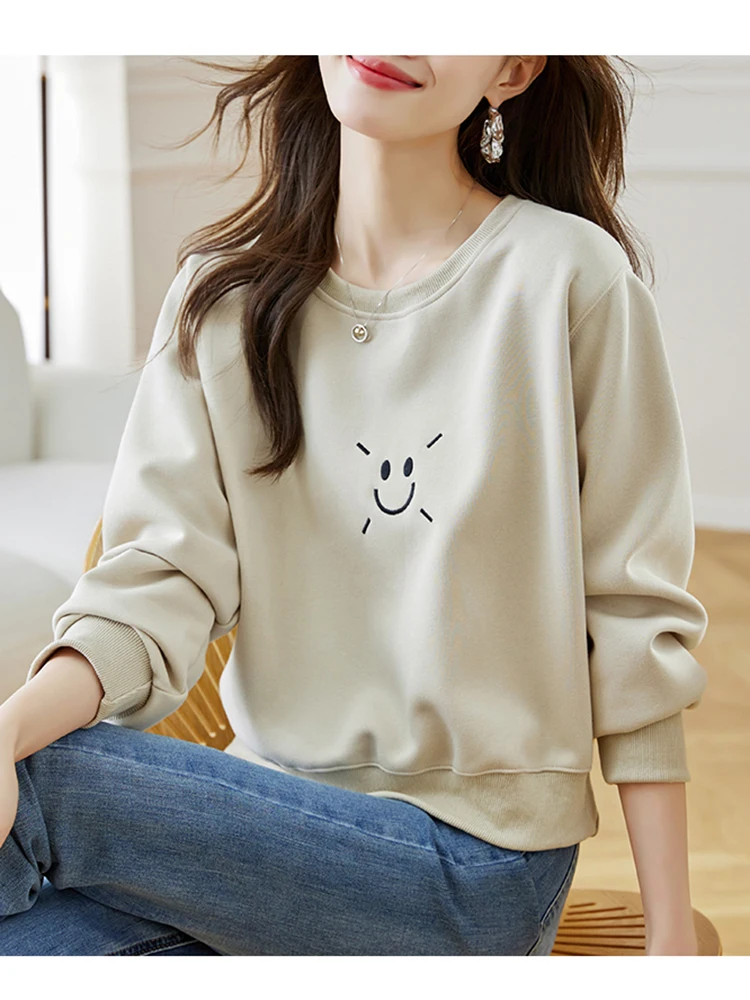 Sudaderas holgadas bordadas Kawaii para mujer, jerséis cortos de manga larga con cuello redondo, Tops recortados informales, Tops simples, moda coreana, 3XL