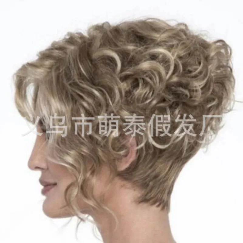 2025 12 تأثيري 2020 موضة جديدة النمط الأوروبي والأمريكي المرأة شعر مستعار ذهبي رقيق قصير مجعد الشعر المستعار Ros #3