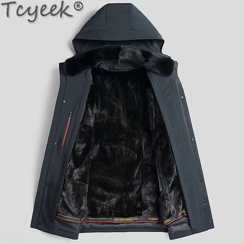 Tcyeek Mid-long Real Fur Jacket Man Warm Natural Mink Fur Liner Detachable Parka Fashion Winter Men Clothes Hood Куртка Мужская