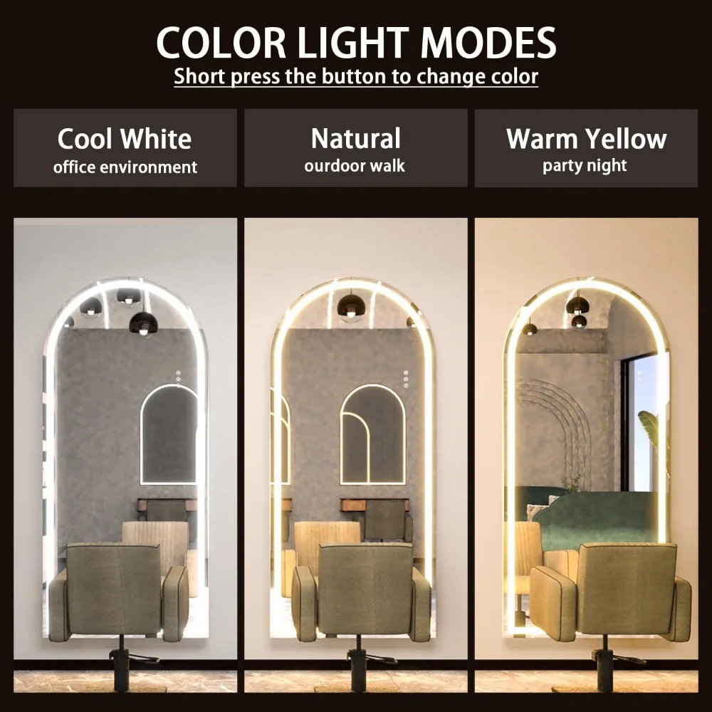 Miroir pleine longueur arqué avec lumière LED, miroir de sol 4.2, miroir mural et spanity, vanité pour chambre à coucher, 65 po x 24 po