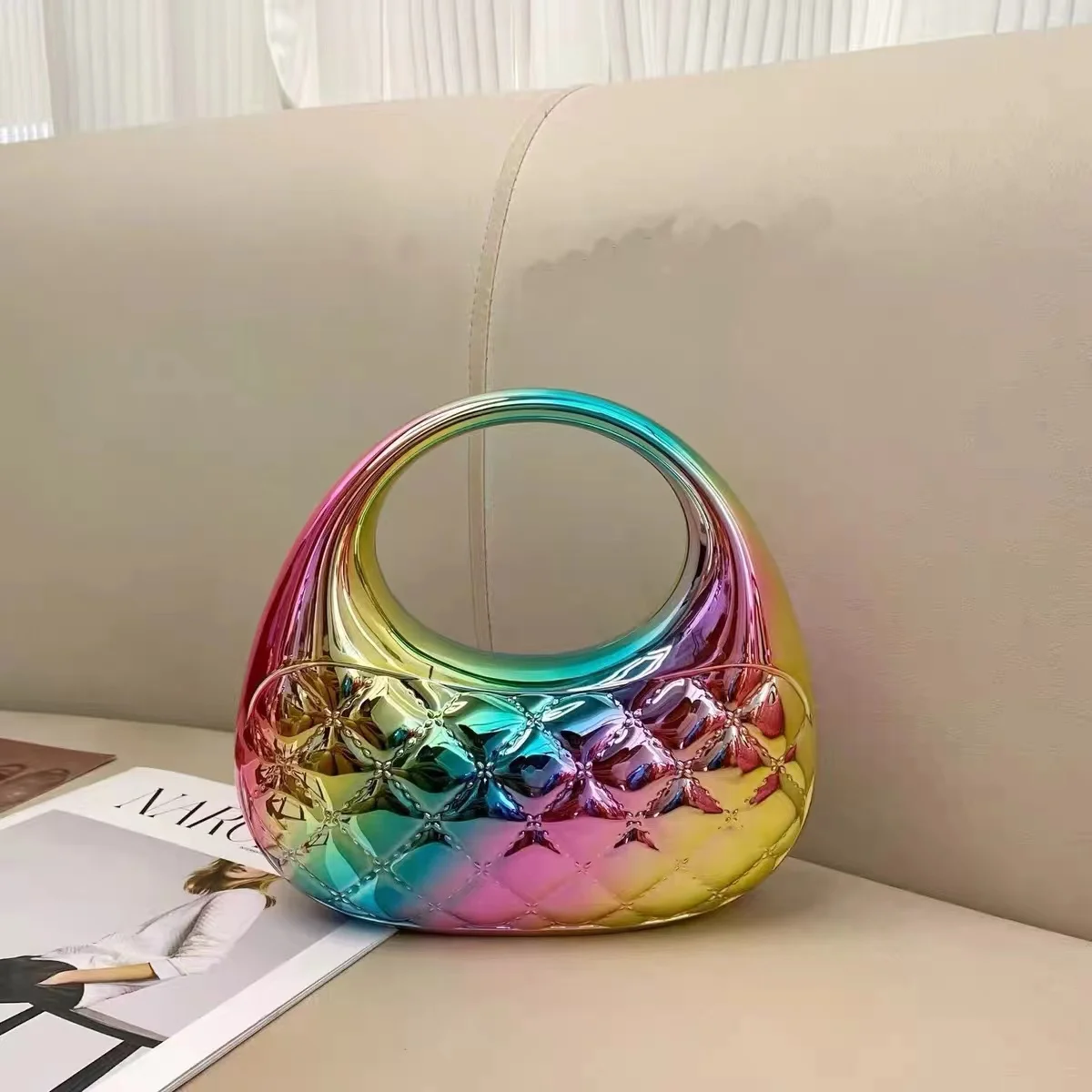 Shimmer Acrylic Fashion Handbag Lattice Moon Bag Women Evening Bag Wedding Party Clutch Purse Shoulder Crossbody Bag Casual Bag