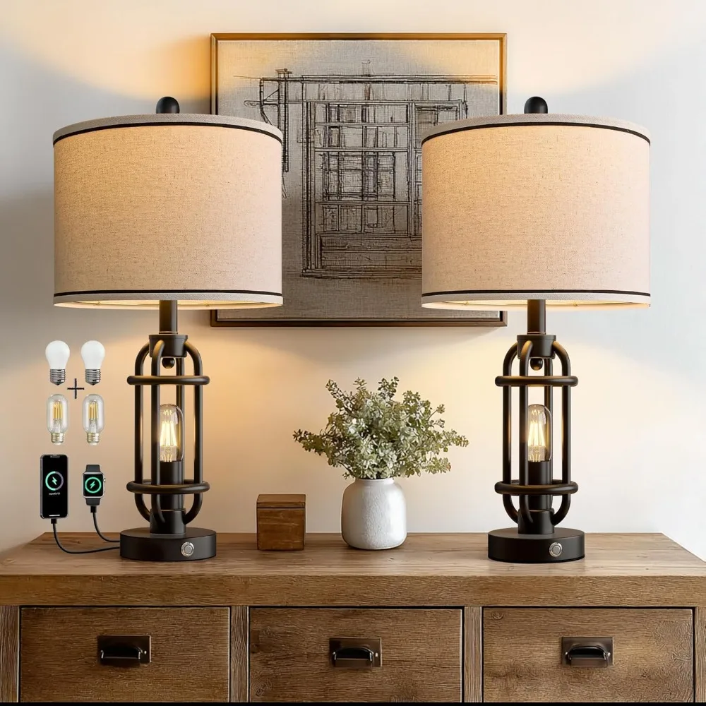 

Set of 2 Industrial Table Lamps with USB A and C Ports Vintage Metal Black Nightstand Bedside Lamps Night Light Bulbs