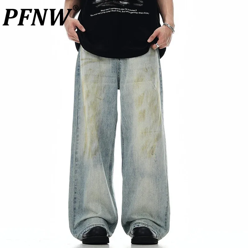 PFNW American Dirty Mud Dyed Distressed Jeans For Men 2024 Trendy Casual Straight Leg Slimming Floor Length Denim Pants 28W3848