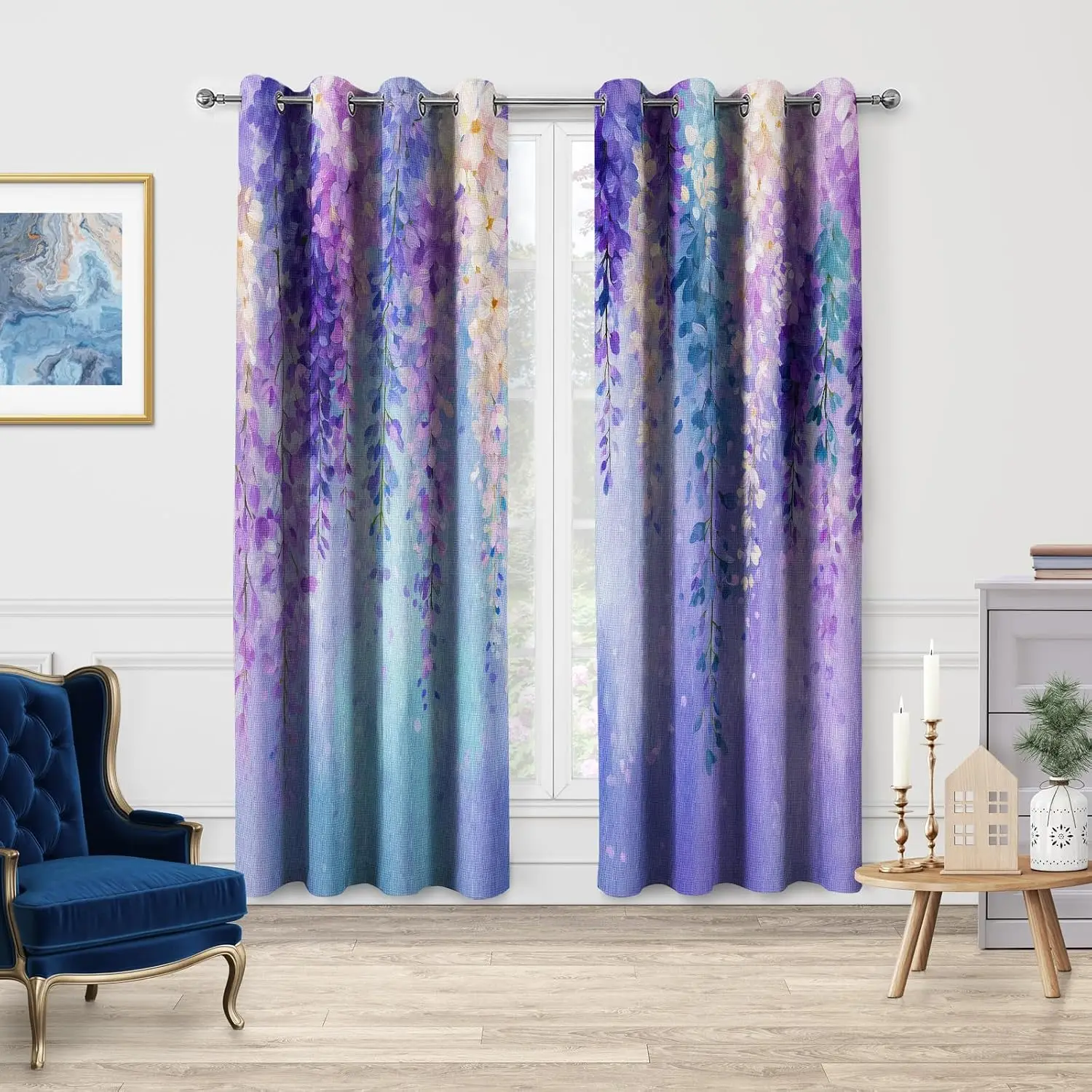 Elegant Watercolor Wisteria Floral Pattern Curtain Drapes for Living Room Bedroom Window Treatment Home Decor Purple Blue Aesthe