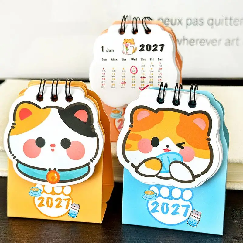 New 1Pcs Office School Supplies Gift 2026 Cartoon Cat Desk Calendar Student Surface Ornament Mini Decoration