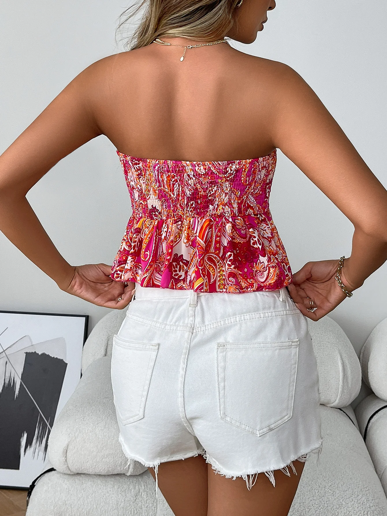 Mulheres tubo superior sem alças sem costas impresso colete plissado irregular verão senhoras clubwear