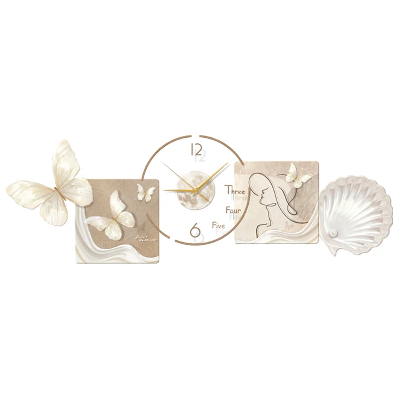 

French cream wind butterfly clock living room decoration painting, high-end sofa background wall mural, bedroom hanging painting