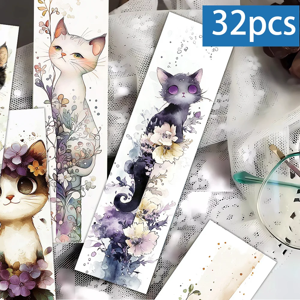 32pcs，Floral Cat Bookmark Watercolour Floral Cat Bookmark Valentine's Day Gift DIY Page Divider Essential for Book Lovers