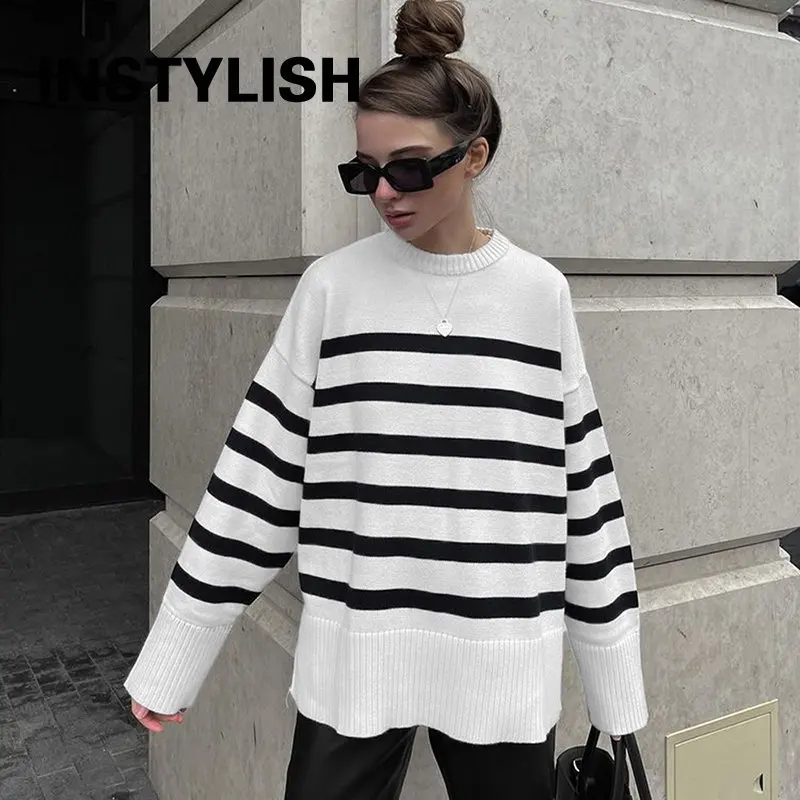 Women Elegant Striped Loose Sweater Y2K Streetwear O Neck Knitted Pullover Autumn Winter Vintage Harajuku Oversized Jumpers 2022