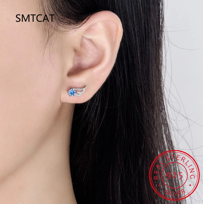جولة الطبيعية الأزرق توباز 925 فضة أجنحة زاوية قرط الاذن المرصع للنساء بيان الأحجار الكريمة والمجوهرات Brincos de Prata #5
