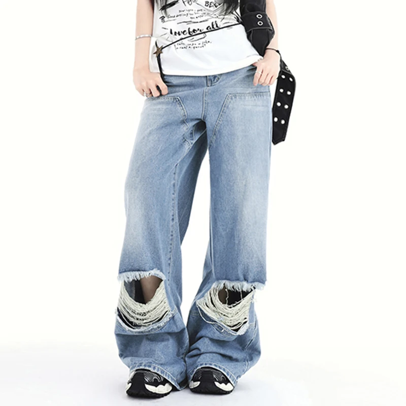 Retro Women Jeans with Asymmetrical Hollowed Out Waist Drawstring High Waist Wid Leg Denim Pants Tassle Ripped Holes Jeans Girls