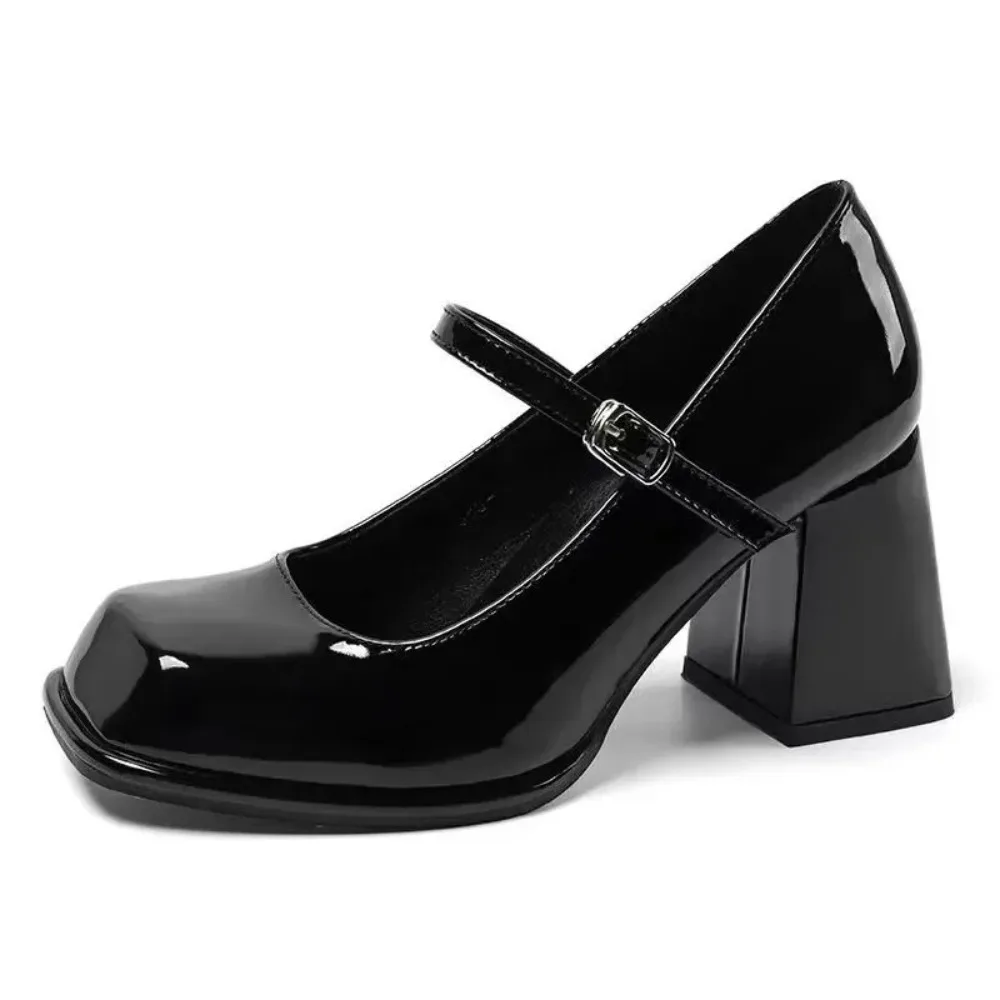 

Mary Janes Vintage Black Sandals Woman Buckle Non-Slip Casual Medium Heels Office Ladies Solid Elegant Heels Korean Summer