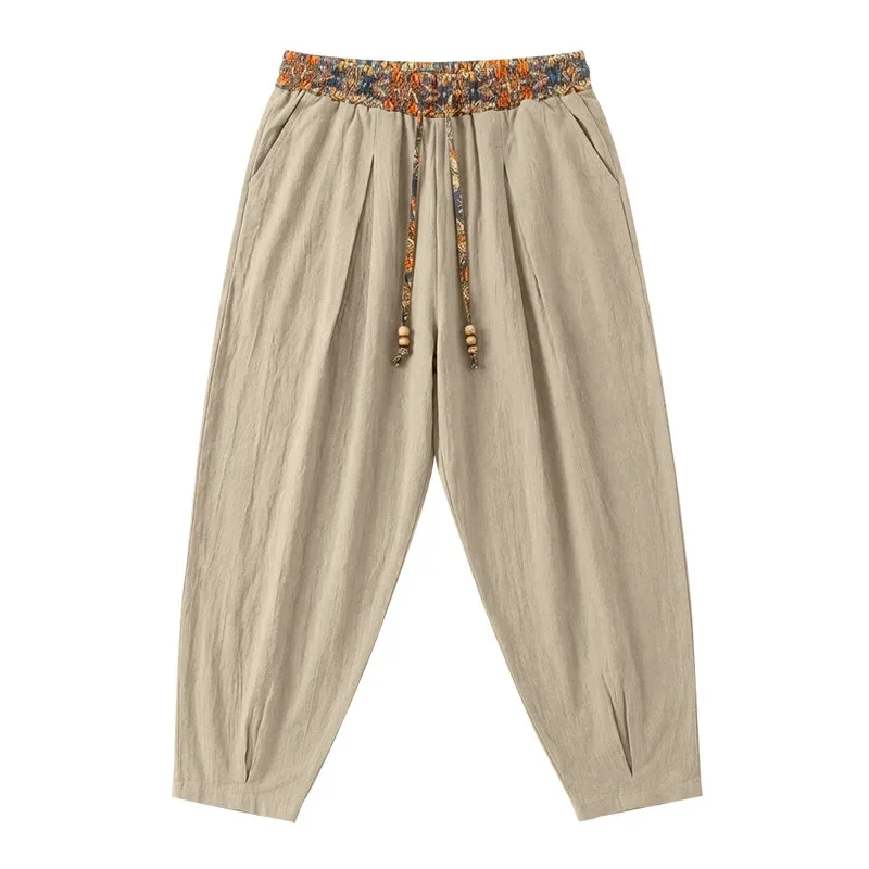 Herren 95% Leinen Haremshose Boho Blumenmuster Kordelzug Taille Lässige Weite Hose Strand Urlaub Knöchellange Hose – Detail 21