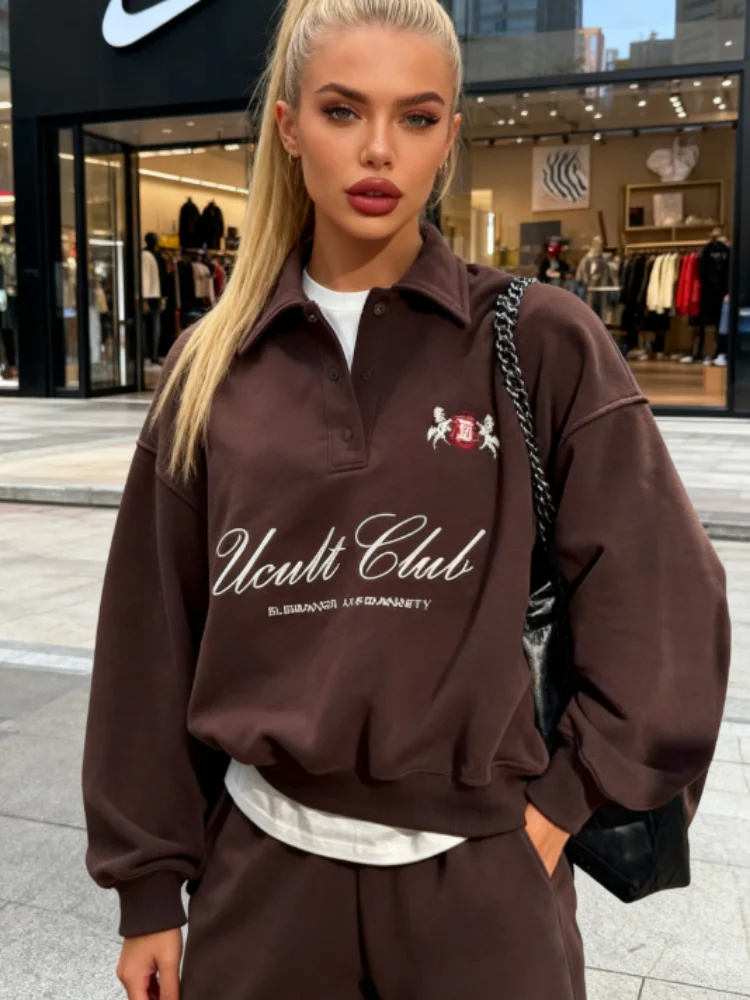 

Long Sleeve Tops 2026 Spring Autumn New Oversize Tops Letter Embroidery Women's Sweatshirts Casual Half Zip Turn-down Collar