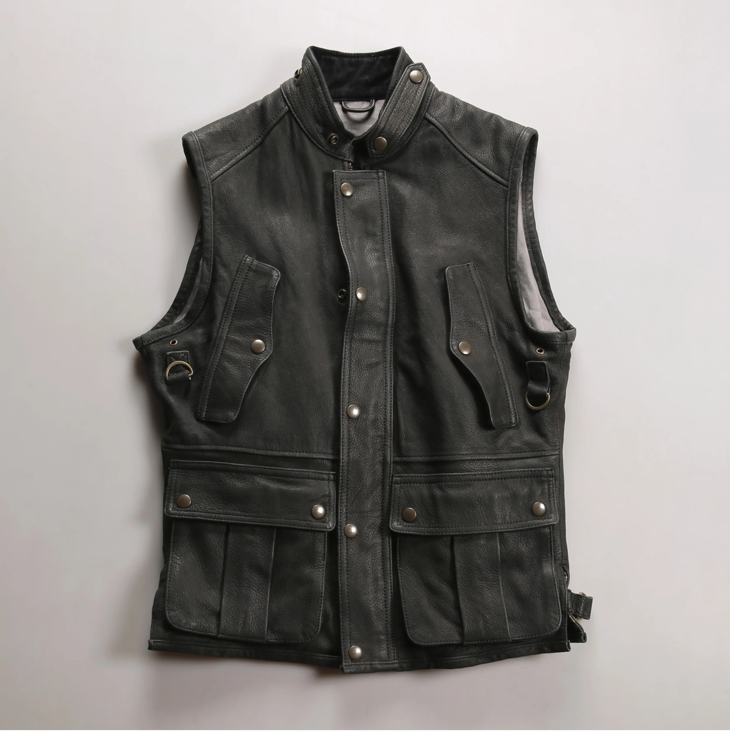 Brown Four Seasons Leather Vest Men Retro Style Plus Size 5XL Genuine Natural Sheepskin Stand Collar Hunter Safari Vest - Image 5