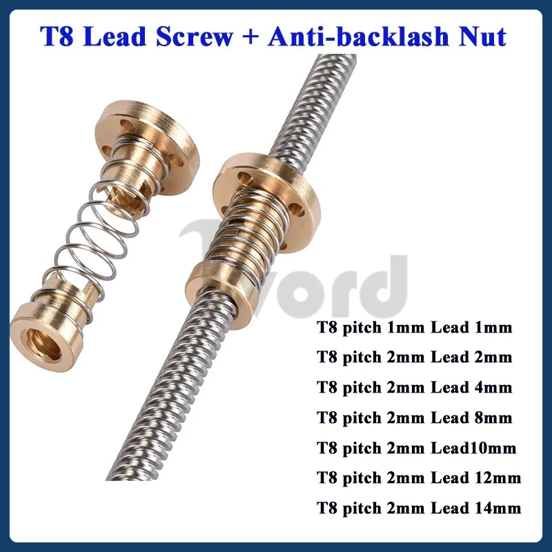 

1PC T8 Lead Screw with 1PC T8 Anti-backlash Nut Spring Loaded Nut Elimination Gap Nut for T-Type Thread 8mm Trapezoidal 3D Parts