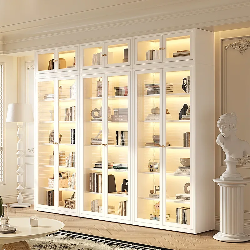 French Bookcase Living Room Display Cabinet Glass Figure Cabinet Pain Cabinet Steel Student Household Bookshelf Shelf Storage Ra