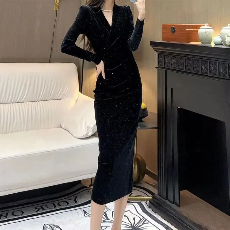 

Sexy French Style Bag Hip Velvet Dresses Autumn Slim Elegant V-Neck Women's Clothing Solid Color Chic Sequined Long Dress E443