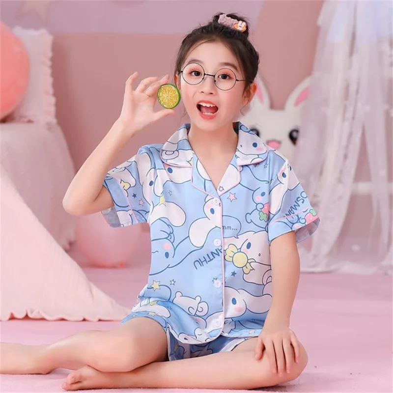 Sanrio Kawaii Kuromi Cinnamoroll Mymelody Childs Pajamas Cartoon Anime Short Sleeve Shorts Cute Pajamas Home Two Piece Toy Gifts