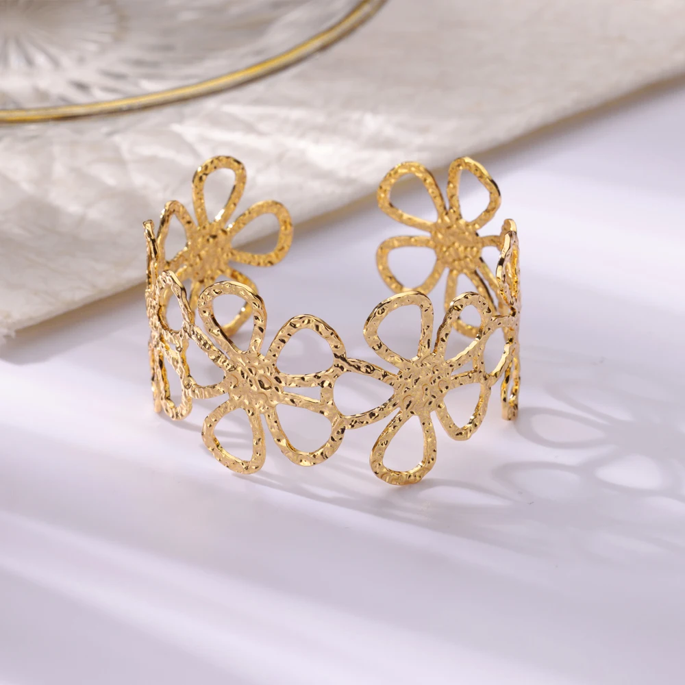 Stainless Steel Bracelet For Women Men Aesthetic Flower Leaf Bangle Opening Gold Color Geometric Bangles Bracelets Femme Jewelry