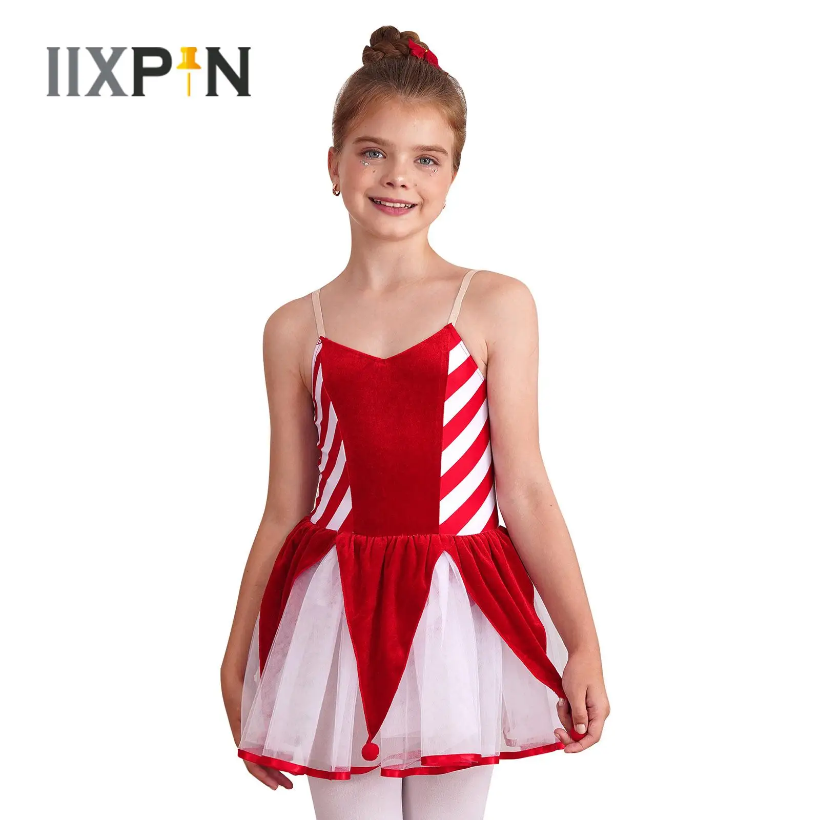 Kids Girls Christmas Dress Sleeveless Pom Poms Decor Stripes Camisole Tutu Dress Leotard Xmas Party Santa Claus Cosplay Costume