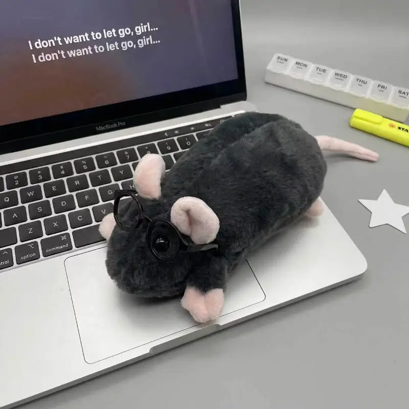 【C】Cute Flower Branch Rat Plush Pencil Case Makeup Bag Large Capacity Portable Animal Stationery Storage Pouch Zipper Closure