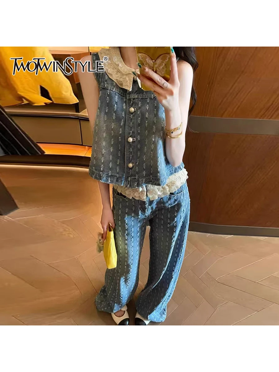 

TWOTWINSTYLE Casual Two Piece Sets for Women Peter Pan Collar Sleeveless Spliced Buttons Top Wide Leg Pant Cowboy Set Female New