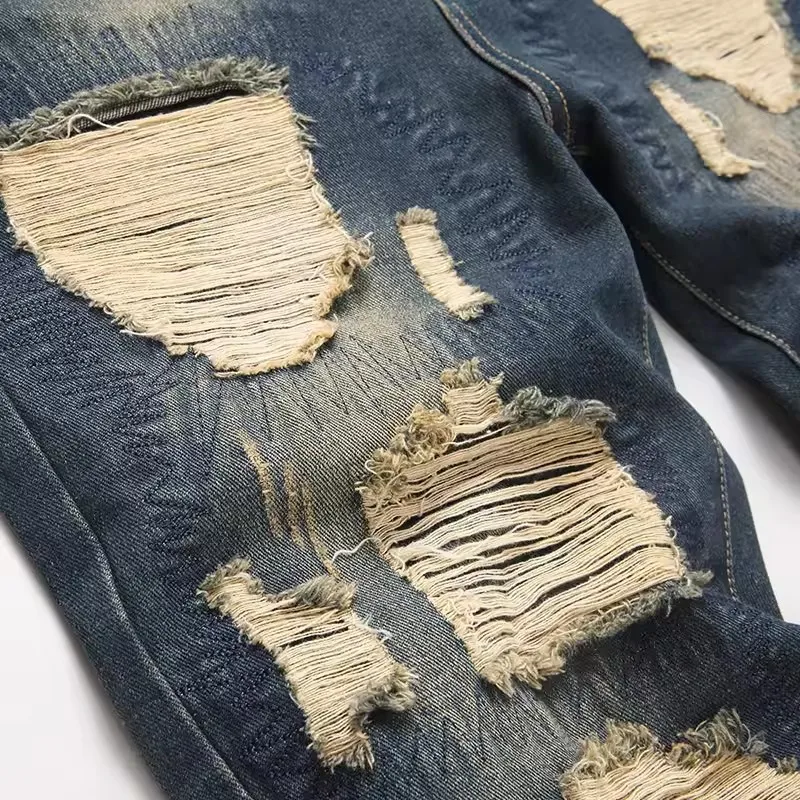 Celana Jeans Kaki Lebar Pria Celana Lurus Merek Trendi Celana Jeans Gaya Baru Sobek Pengemis Celana Panjang Reguler Pria Nyaman Sejuk