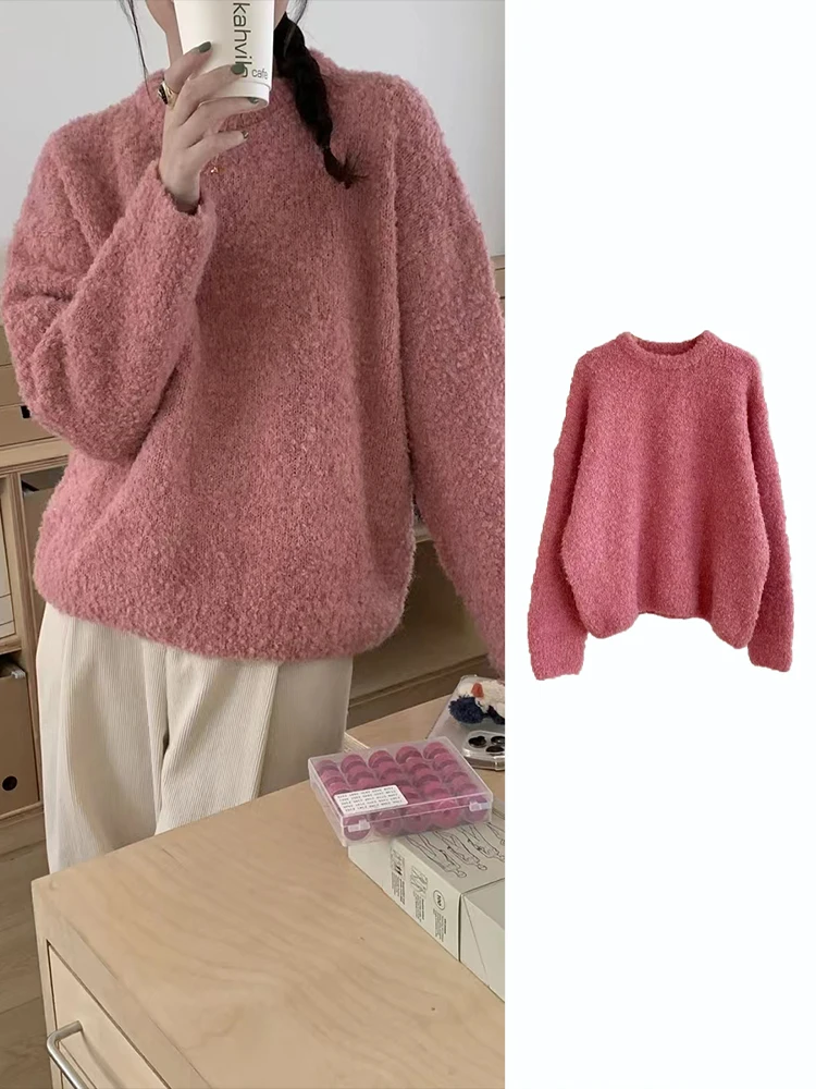 

Pink Thiened Warm round Ne Soft Knitted Sweater Women's New 2024 Loose Long Sve Color Top for Autumn Winter