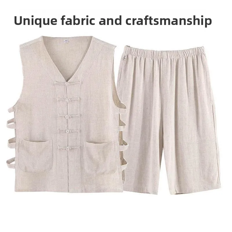 Summer Chinese Style Cotton Linen Tang Suit Sleepwear Men's Retro Button Loose Home Clothes Set Two Pieces Casual Ethnic Wear