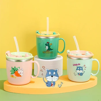 공룡 아기 수유 컵, 스테인리스 스틸 보온병 빨대 컵, 어린이 우유 컵, 누수 방지 물병, 280ml 