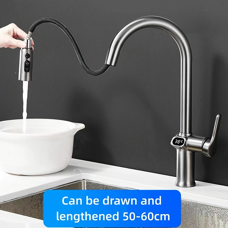 Temperature Digital Display Faucet Kitchen Faucet Single Handle Pull Out Spout Kitchen Sink Mixer Hot And Cold Water Taps