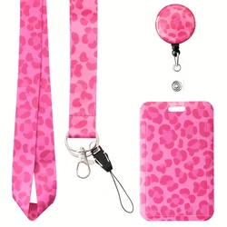 Pink Leopard Breakaway Phone Teacher Lanyard Id Card Holder Retraetable Badge Reel Neck Strap for Keys Keychain Credit Card
