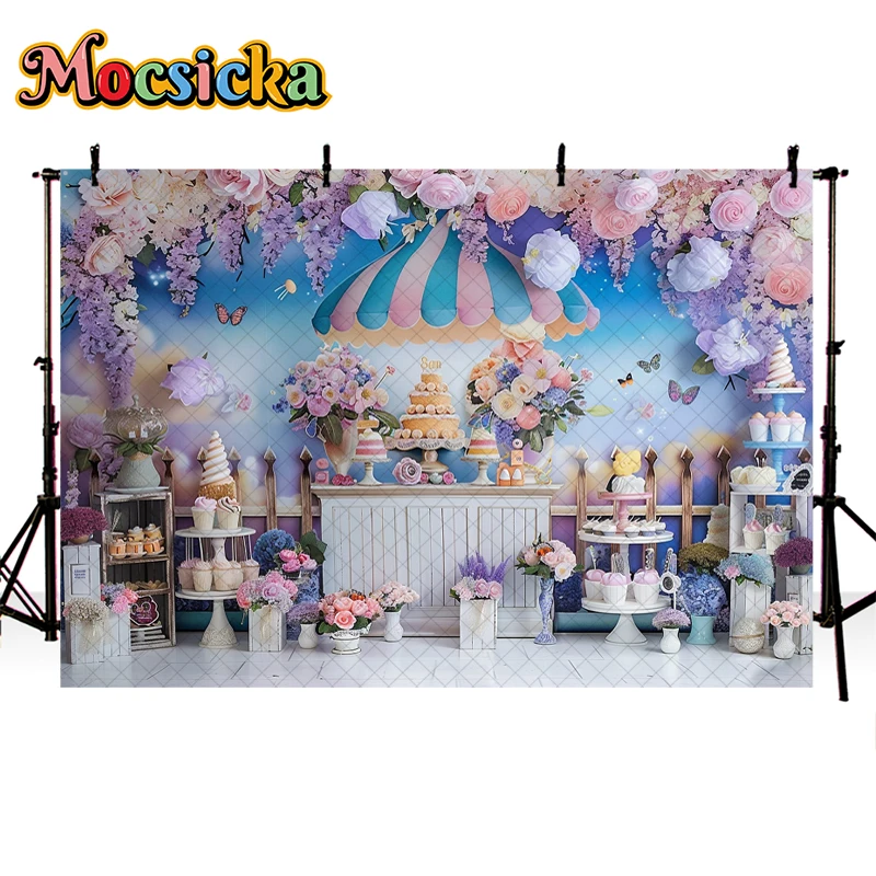 Mocsicka Photography Background Cake Smash Birthday Party Kids Portrait Spring Floral Butterfly Decor Backdrop Photo Studio