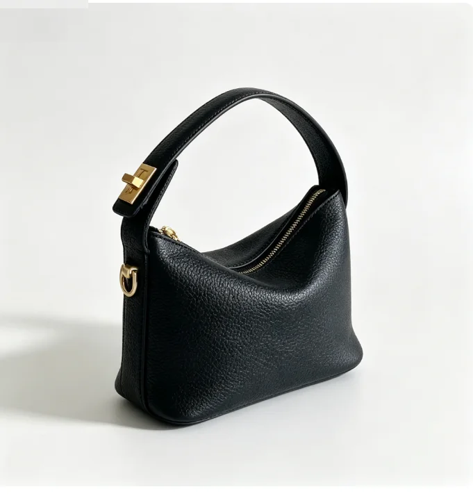 Leatherwork Hardware - Schwarze Handtasche aus PU-Leder mit Litschi-Textur,