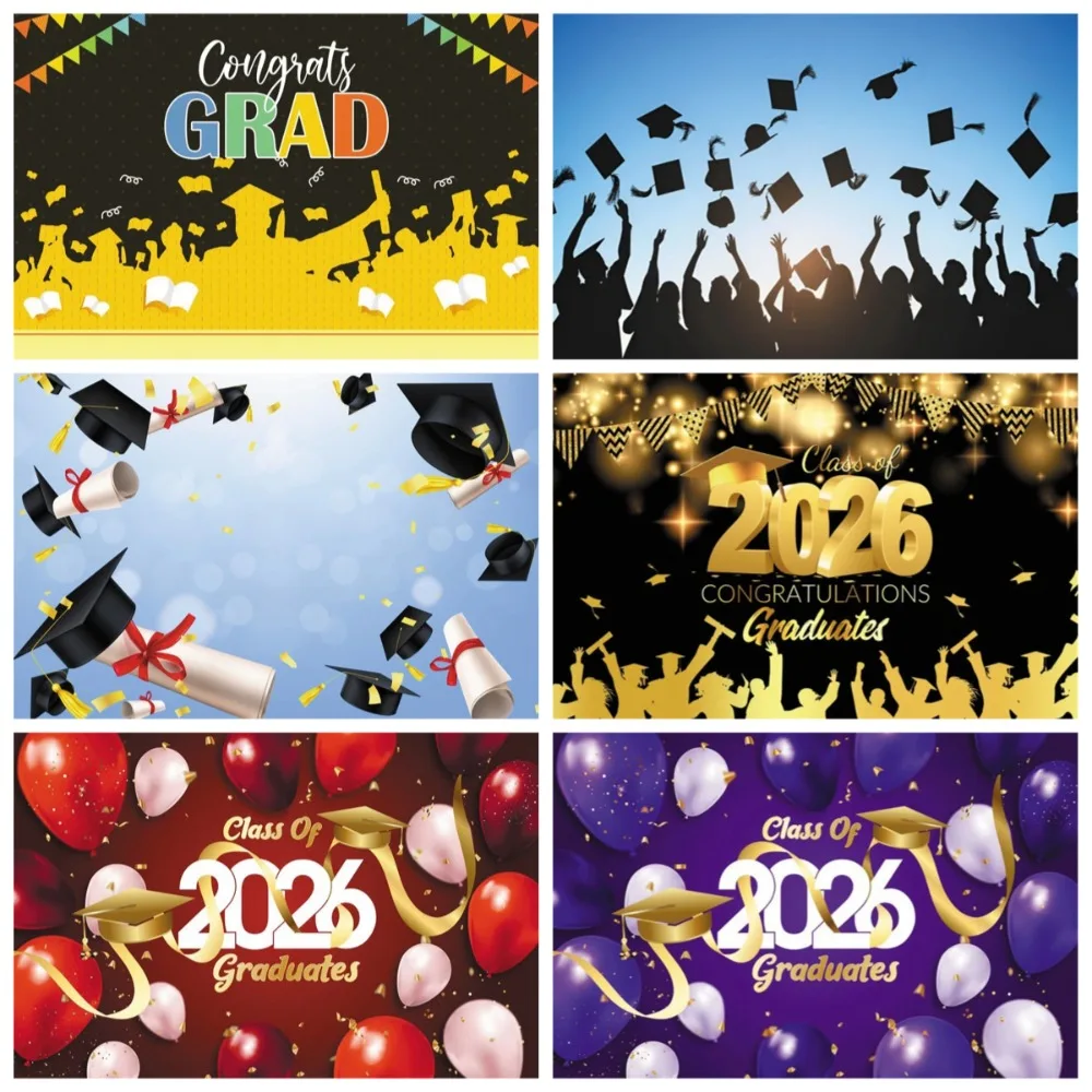 

2026 Graduation Party Bachelor's Hat Golden Sparkling Balloon Banner Background, Classmate Party Decoration Photography Backdrop