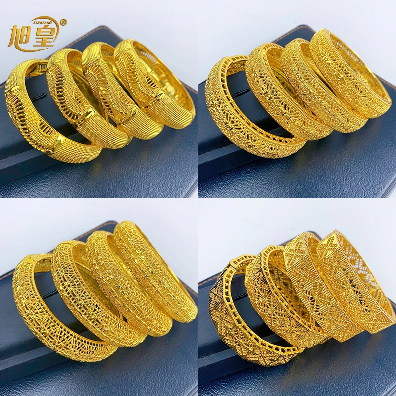 

XUHUANG Dubai Luxury Round 24k Gold Plated Bangles Bracelets for Women Moroccan Arabic New Designer Hand Jewelry Wedding Gifts