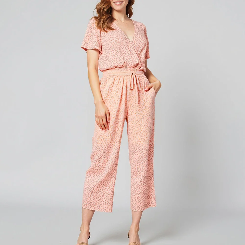 

Женские комбинезоны, летние простые комбинезоны с леопардовым принтом, удобные комбинезоны с короткими рукавами и шнурком, полная длина, с глубоким вырезом