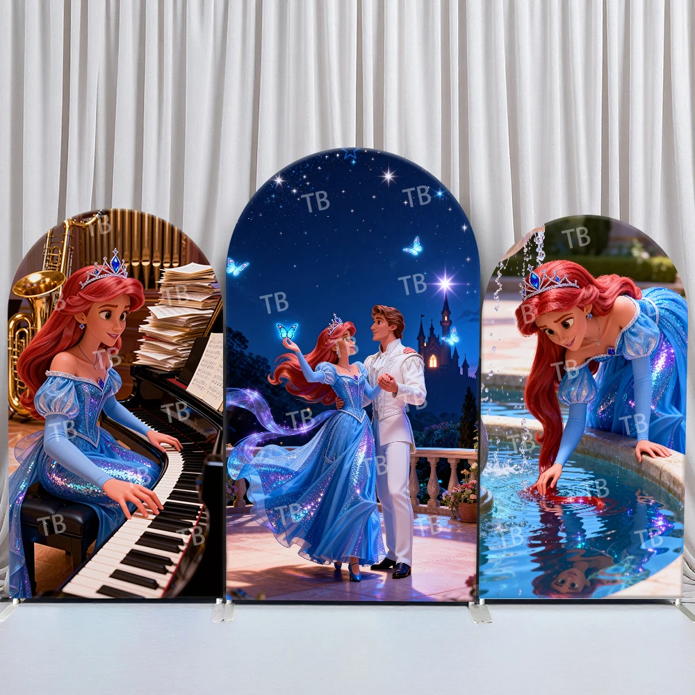 

Disney Ariel Arch Backdrop Cover Piano Starry Sky Castle Butterflies Pool Scene for Birthday and Baby Shower Party Photo Booth