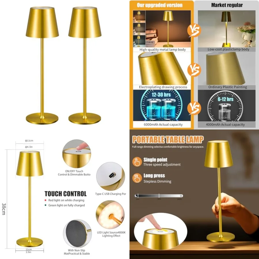 

2 Pack Cordless Table Lamp, Portable LED Desk Lamp, 6000mAh Battery Operated, 3 Color Stepless Dimming Up, for Restaurant/Bedro