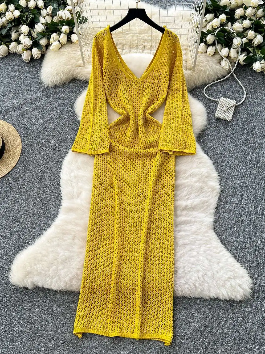 Abito sexy da spiaggia Donna Scollo a V Manica svasata Slim Abiti in maglia cava Estate Solid Boho Casual Abito lungo Abiti