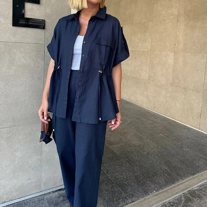 

Шикарные рубашки с лацканами на шнурке и прямые брюки, комплект женской повседневной рабочей одежды, стильная одежда для поездок на работу, летние новые однотонные свободные комплекты из 2 предметов